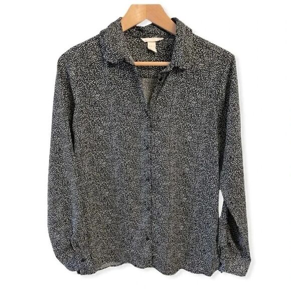 H&M Black & White Painted Dots Button Down Long Sleeves Ruffle Collar Tee Shirt - Picture 1 of 3